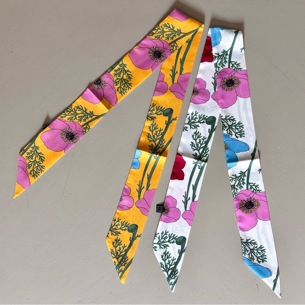 Branches and Floral Patterned Handbag Handle Ribbon Head Band Scarves Set Of Two - Picture 4 of 5